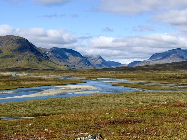 Kungsleden route: a braided river through a wide Lapland valley