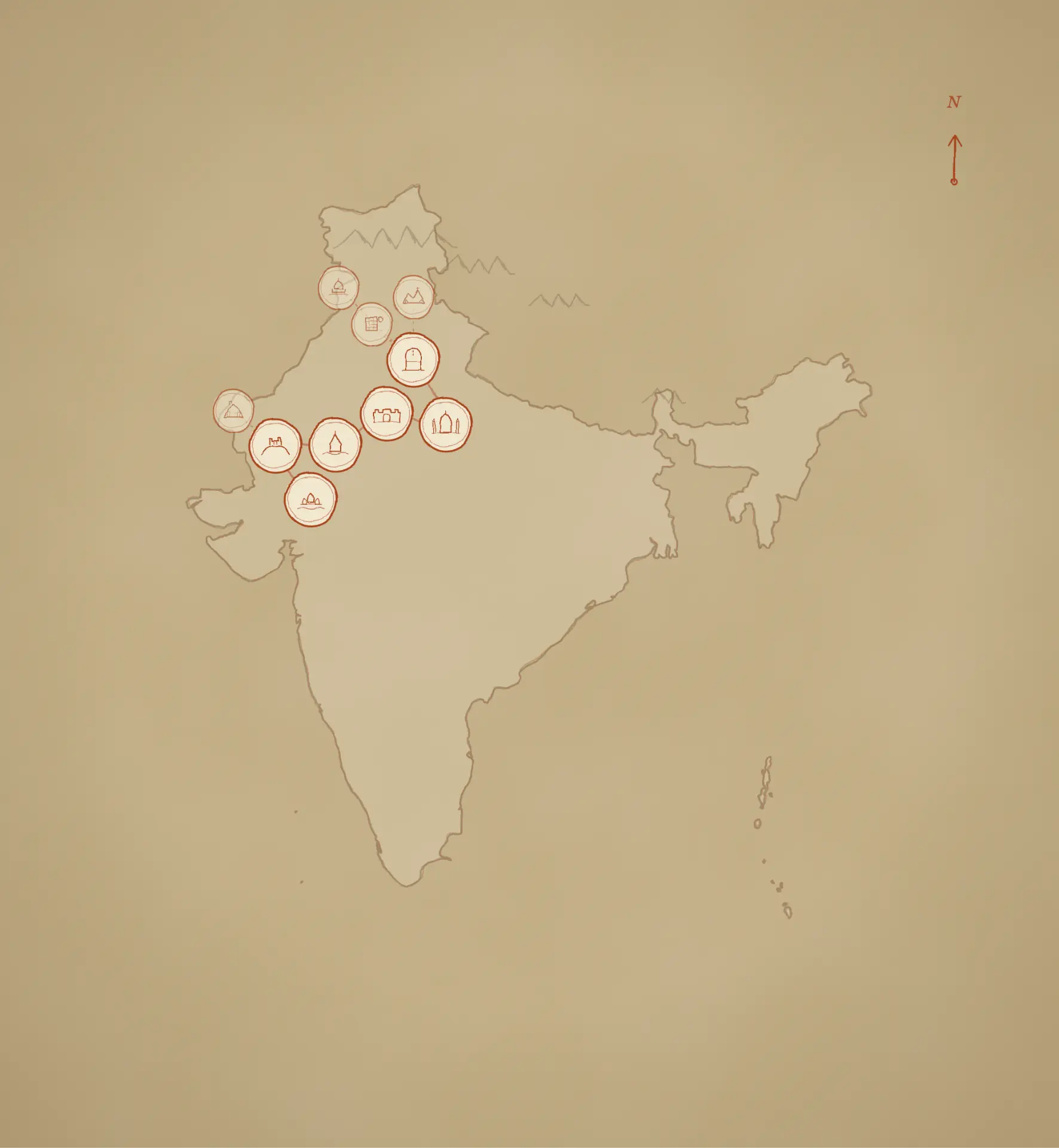 Illustrated route-highlight map for India