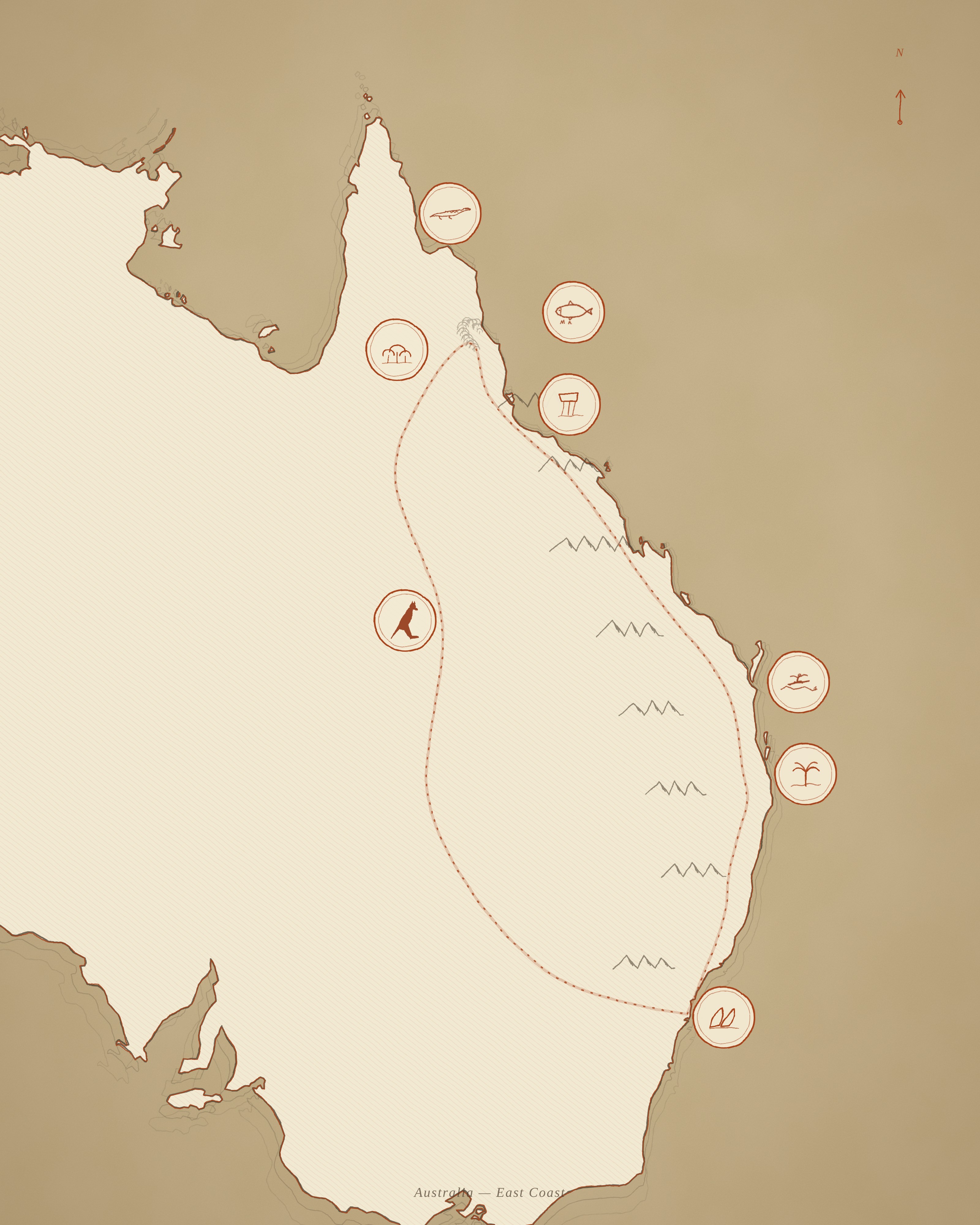 Illustrated route-highlight map for Australia East Coast