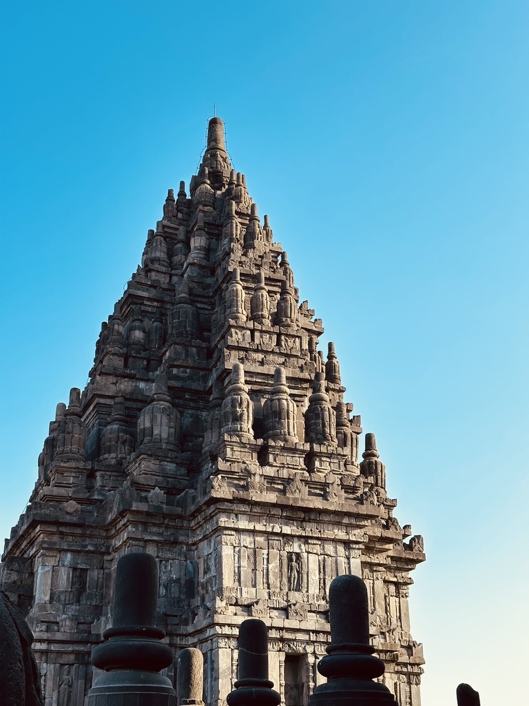 Temple spire against a clear blue sky