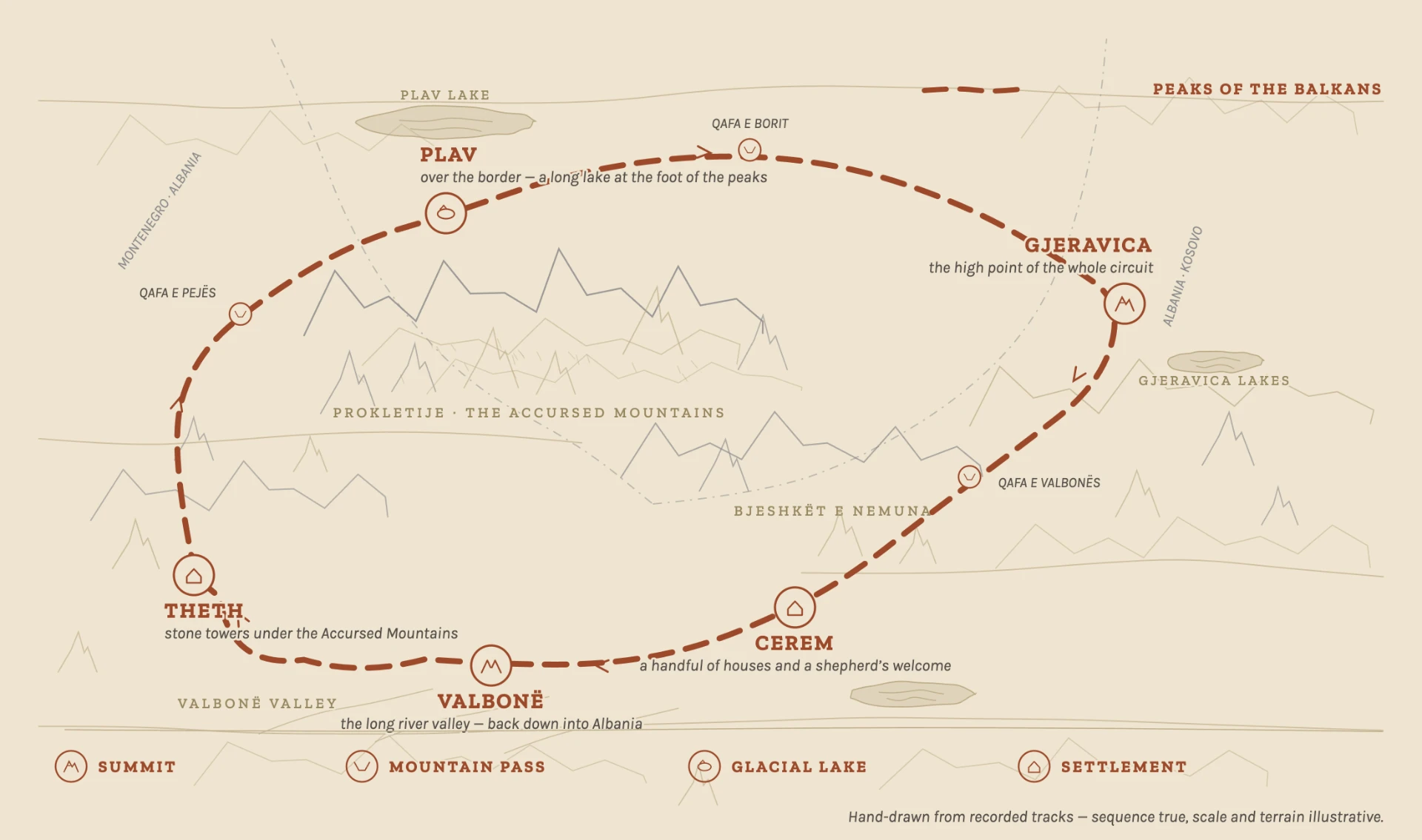 Illustrated route-highlight map for Peaks of the Balkans