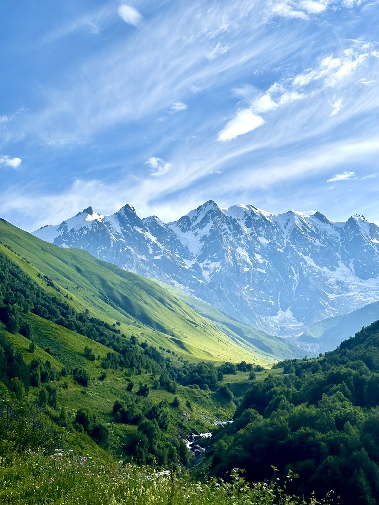 Lush green valley under snow-capped peaks and drifting clouds