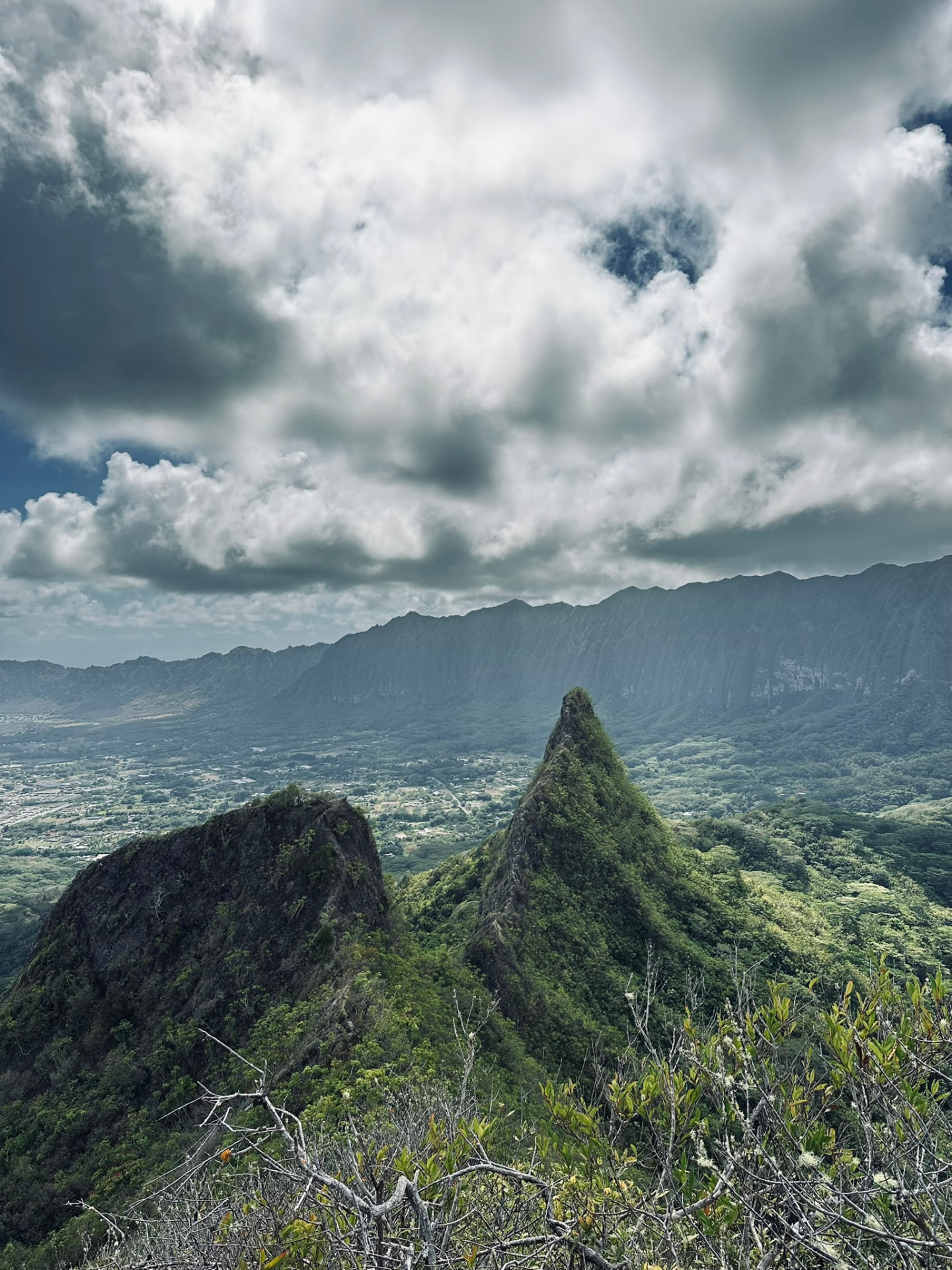 Twin rocky peaks rising over a green valley floor under heavy clouds