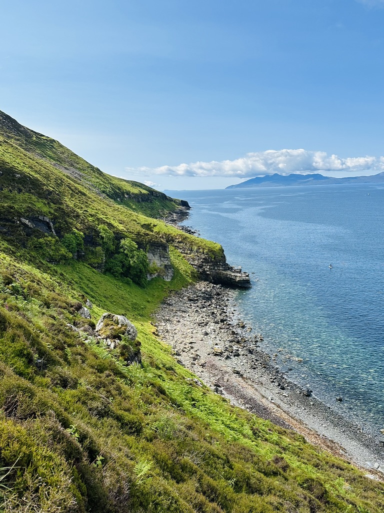 Clear turquoise bay below fern-covered slopes with an island on the horizon