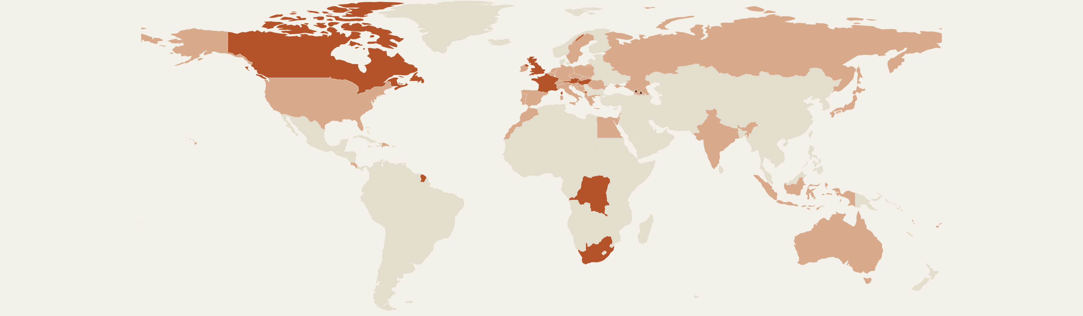 World map with seven lived-in countries in rust and other visited countries in tan