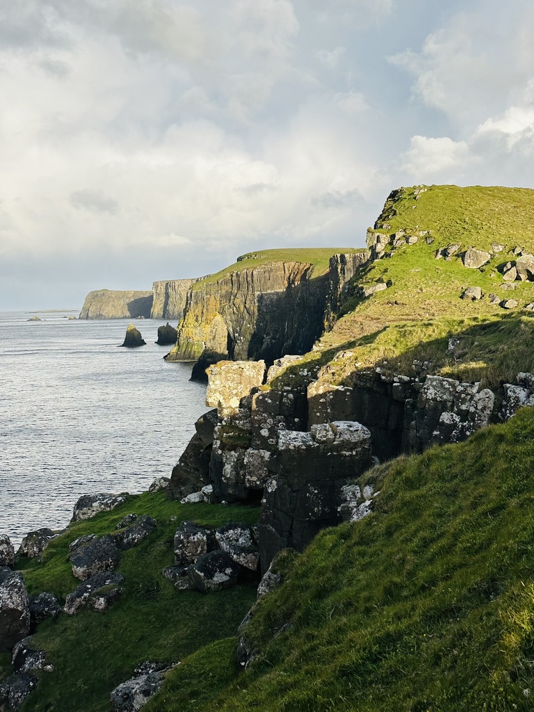 Evening light on sea stacks and cliffs along the coast