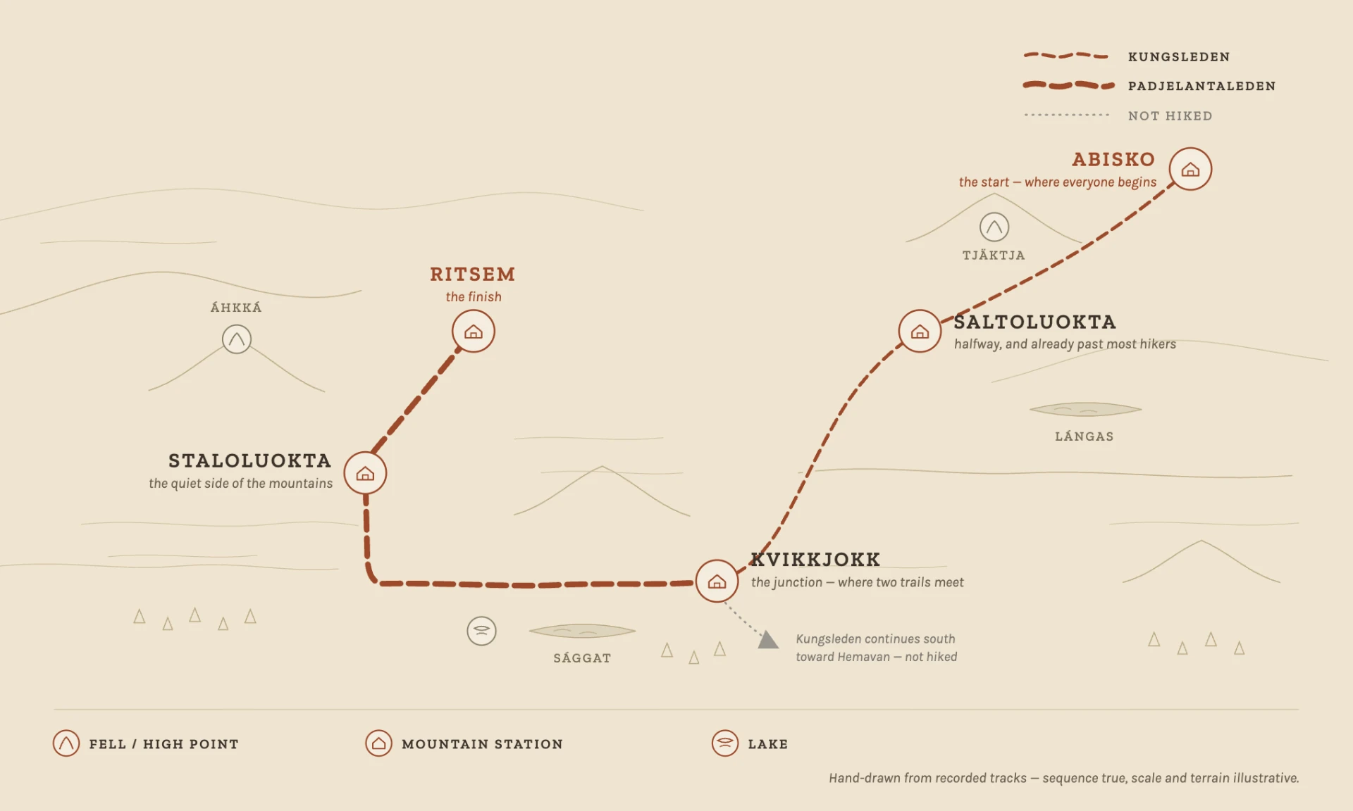 Illustrated route-highlight map for Kungsleden & Padjelantaleden